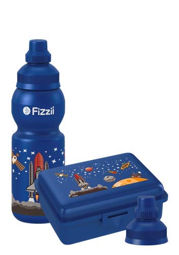 Fizzii Set Trinkflasche 330ml + Lunchbox inkl. Obst-/ Gemüsefach (schadstofffrei, spülmaschinenfest, Motiv: Mini Weltraum) von Fizzii