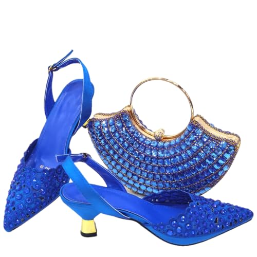 Abend-Partyschuhe und -taschen-Set hohles Design Tasche mit Schuhen elegant bequem mittelhoher Absatz Damenschuhe, Blau für Set, 41 EU von Fjnbbiot