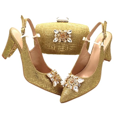 Champagnerfarbene Damenschuhe mit spitzem Zehenbereich, passendes Taschen-Set für nigerianische Damen, Hochzeit, Party-Set, gold, 38 EU von Fjnbbiot