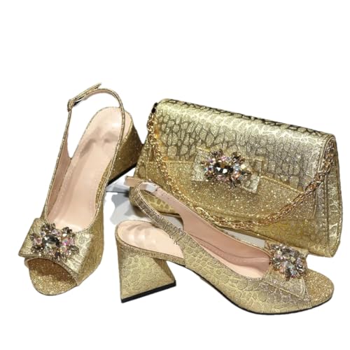 Fjnbbiot Afrikanische Mode Schuhe und Taschen Sets für Abendparty mit Steinen, bunte Handtaschen, passend zu Gold 39 von Fjnbbiot