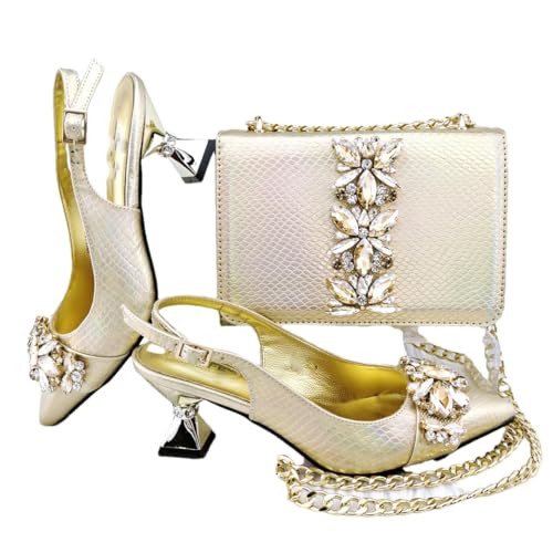 Fjnbbiot Klassische Damenschuhe und Tasche, Diamant-Dekoration, goldfarben, 42 von Fjnbbiot