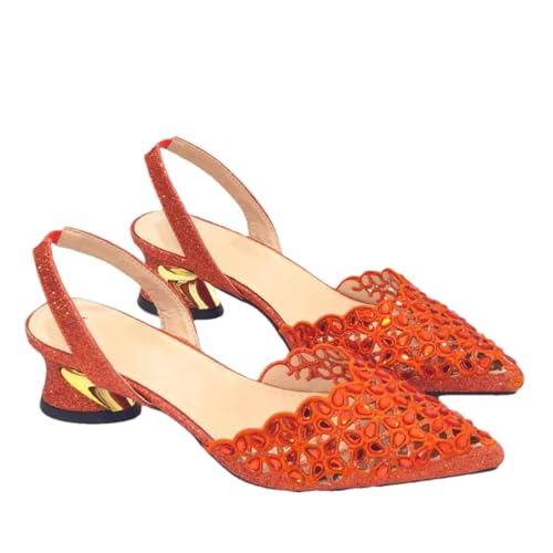 Fjnbbiot Schuhe mit niedrigem Absatz für Damen, ausgehöhlte Stickerei, Strass-Design, goldfarben, spitzer Zehenbereich, Schuhe und Taschen, Set ein Paar, Orange, Größe 40 von Fjnbbiot