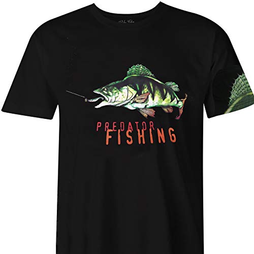 FLADEN Fishing – Greedy Barsch – T-Shirt aus 100% Baumwolle – mit aufregendem, dynamischem Barsch-Design – ideal für diejenigen, die Raubfische lieben (schwarz, mittel) [22-641-M] von Fladen