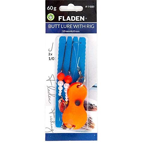 Fladen Buttlöffel-Vorfach - Butt Lure, Plattfischvorfach Orange, Gewichte 40g-120g, bleifrei, 50cm, Schnur 0,50mm, 2 Haken Gr. 1/0 (80g) von Fladen