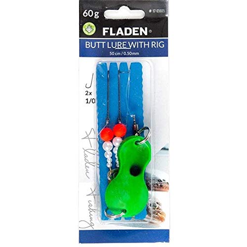 Fladen Buttlöffel-Vorfach - Butt Lure, Plattfischvorfach in Grün, Gewichte 40g-120g, bleifrei, 50cm, Schnur 0,50mm, 2 Haken Gr. 1/0 (100g) von Fladen