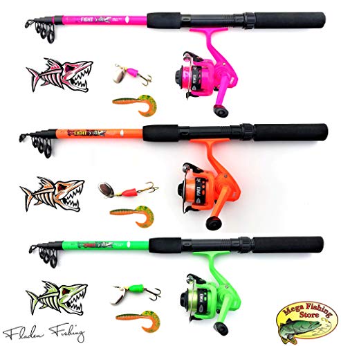 Kinderangel Starter Set Tele Spinning Combo Grün/Orange/Pink Teleskop Rute Rolle Schnur Spinner & Twister (Orange) von Fladen Fishing