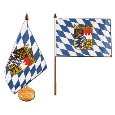 Flaggenfritze® Tischflagge Bayern mit Wappen mit lackiertem Holzsockel von Flaggenfritze