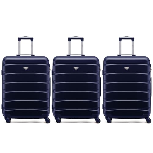 Flight Knight Set mit 3 Premium-Koffern, extra stark, leicht, Reisetasche, Hartschalenkoffer mit 4 Rollen und eingebautem Schloss, kompatibel mit über 100 Fluggesellschaften, navy, Medium Set Of 3, von Flight Knight