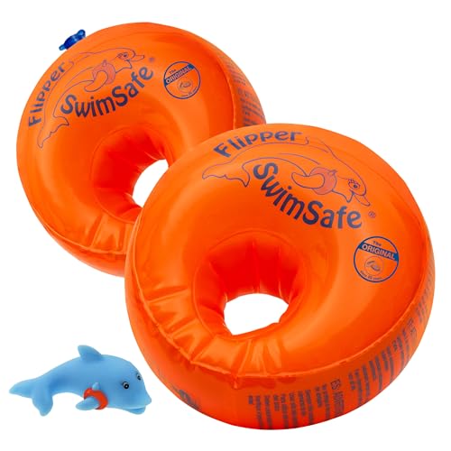 Flipper SwimSafe 1024 - Schwimmhilfe für Kleinkinder ab 1 Jahr, Schwimmflügel mit unzerbrechlichem PE-Schaumkern zum Schwimmen lernen, inklusive Delfin Spielzeug, Orange von Flipper SwimSafe