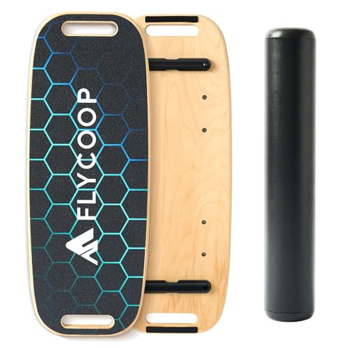 Balance Board, Flycoop BalanceBoard Erwachsene Balancierbrett Holz Balance Board Indoorboard Surf Skateboard Indoor Surfboard Trickboard Gleichgewichtsboard inkl. Rolle (Wabenbrikettform) von Flycoop