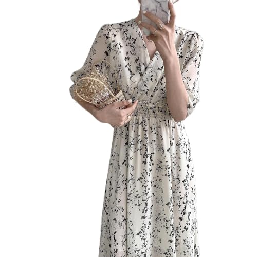 Retro Blumenkleid Damen Elegant Chiffon Französisch Partykleid Puffärmel V-Ausschnitt Kleid Neues Damenkleid S Beige von Focisa