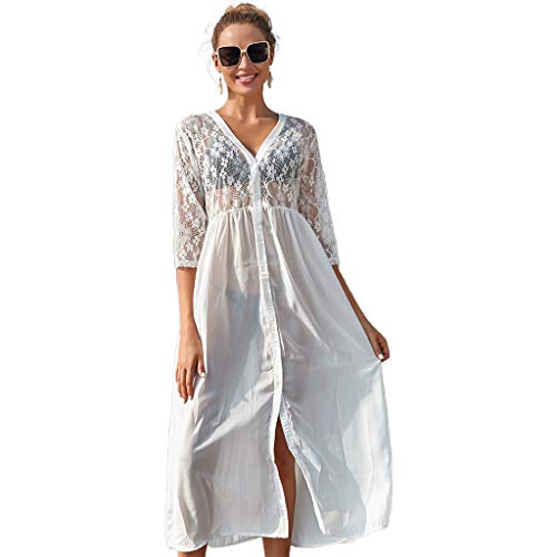 Fogun Damen Maxi Strandkleid Mit 3/4-Ärmeln Durchscheinende Strickjacke Mit Blumenspitze Überwurf Badeanzug Strandmode von Fogun