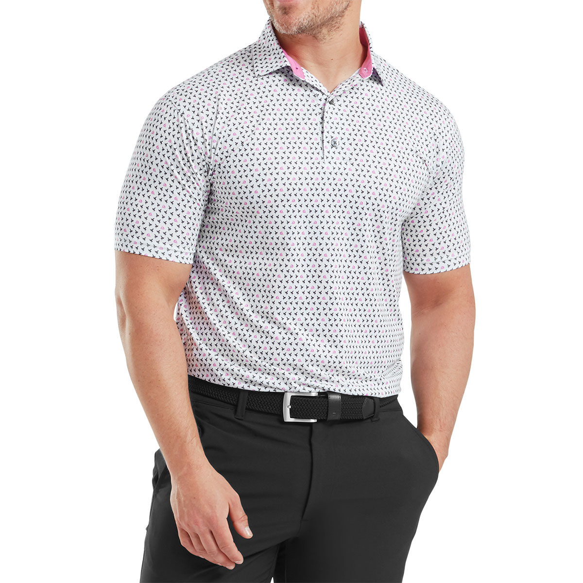 FootJoy Men's Flying Wasp Print Lisle Golf Polo Shirt, Mens, White/black/pink, Small | American Golf von FootJoy