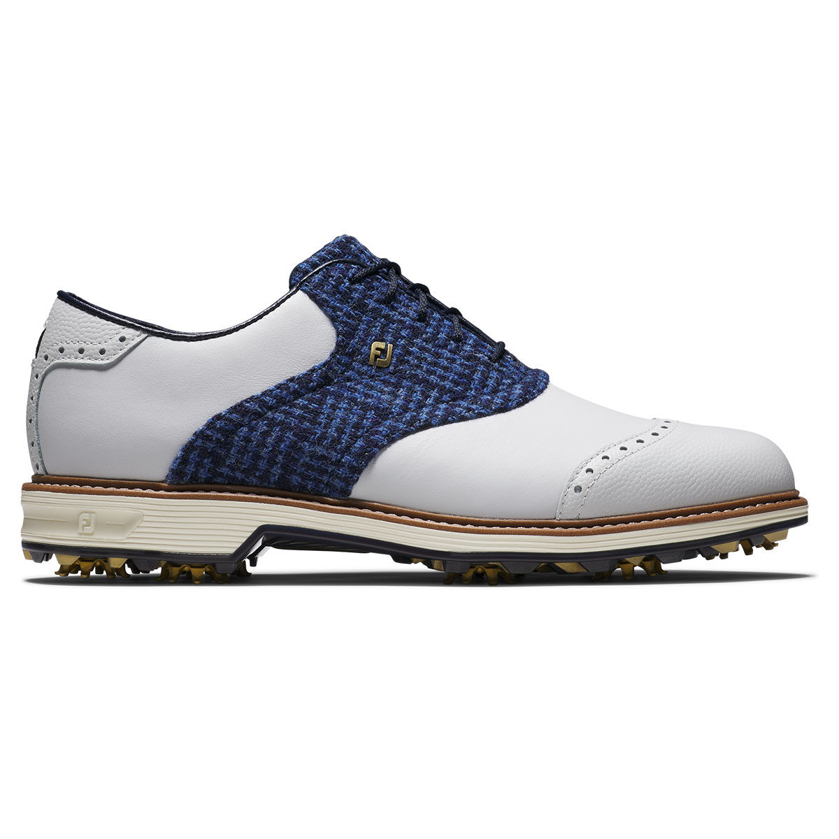 FootJoy Men's x Harris Tweed Premiere Series Wilcox Spiked Waterproof Golf Shoes, Mens, White/navy/gold, 10, Regular | American Golf von FootJoy