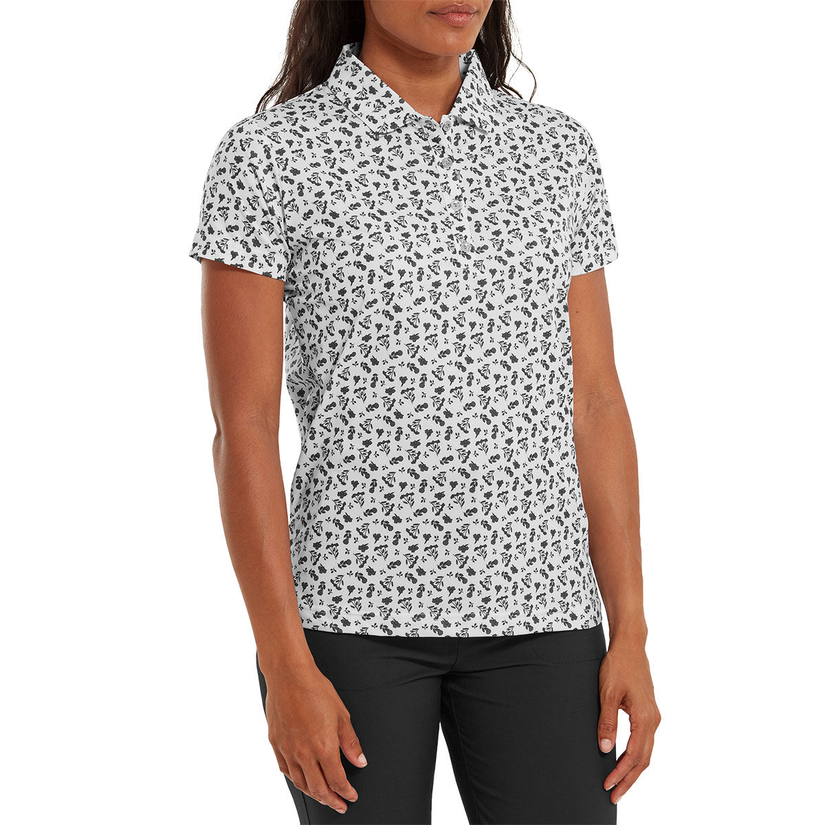 FootJoy Ladies White and Black Floral Print Golf Polo Shirt, Size: M | American Golf von FootJoy