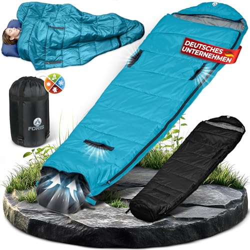 Foris® Mumienschlafsack 3-4 Jahreszeiten | mit exklusiv entwickeltem Belüftungssystem | -10-25°C | Exta lang 80x215cm | Wasserdicht | Outdoor Camping Festivals | Blau, Reißverschluss Links von Foris