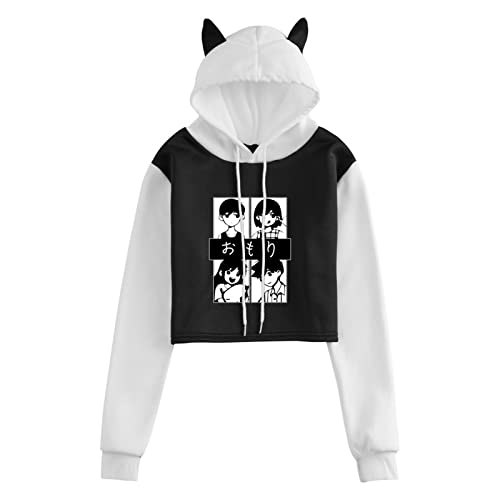 Fosike Omori Kurzer Hoodie Cat Ears,Omori Merch Crop Hoodie Damen Langarm Kapuzenpullover Sweatshirt Mit Kapuze Ohne Taschen von Fosike