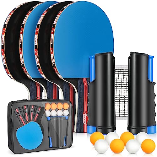 Ping Pong Paddel-Set, 4 Tischtennisschläger, 8 Bälle, einziehbares Tischtennisnetz, ideales Tischtennis-Set, perfekt für professionelle und Freizeitspiele, Blau von Fostoy