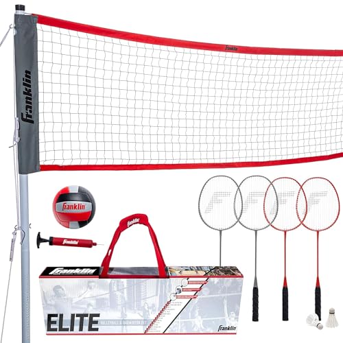 Franklin Sports Elite Badminton-Volleyball-Kombi-Netz-Set – inklusive Volleyball, Badmintonschläger, Vögel, Seile, Begrenzungskit – Strand oder Hinterhof Badminton – einfache Einrichtung von Franklin Sports
