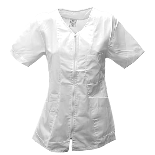 Kittel, Bluse, Arbeitskleidung für Kosmetikerin, Friseuse, Schönheitssalon, Massagesalon, mit Reißverschluss, aus Baumwolle XL Bianco Kittel, Bluse, Arbeitskleidung für Kosmetikerin, Friseuse, Schönheitssalon, Massagesalon, mit Reißverschluss, aus Baumwolle XL Bianco von fratelliditalia.org