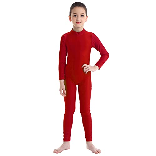 Freebily Kinder Mädchen Gymnastikanzug Turnanzug Mit Bein Langarm Basic Ganzanzug Ballett Tanz Leotard Sportbody Rot Stehkragen 122-128 von Freebily