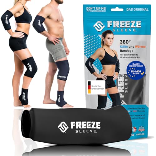 FREEZE SLEEVE Kühlbandage mit Wärmefunktion. Wiederverwendbar und hält von selbst mit 360° Wirkung Kühlpack für Knie Ellbogen Gelenke hilft bei Tennisarm Knieschmerzen (Schwarz - XL) von FreezeSleeve