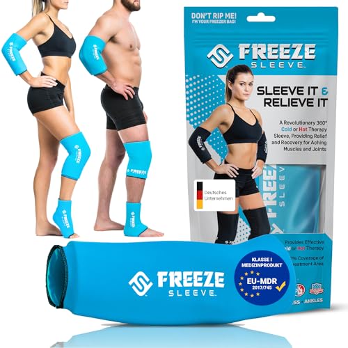 FREEZE SLEEVE®, Kühlbandage mit Wärmefunktion wiederverwendbar mit 360° Abdeckung Kühlpack für Knie Ellbogen Gelenke hilft bei Tennisarm Knieschmerzen Entzündung Arthrose (Türkis - XXL) von FreezeSleeve