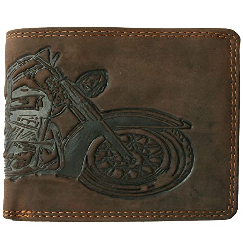 Fregery ® Geldbörse aus Leder für Herren Männer RFID-Schutz mit Münzfach und Prägung Echtleder Geldbeutel Portemonnaie (braun Hochformat, Motorrad, Harley Davidson) (Querformat Dunkelbraun) von Fregery