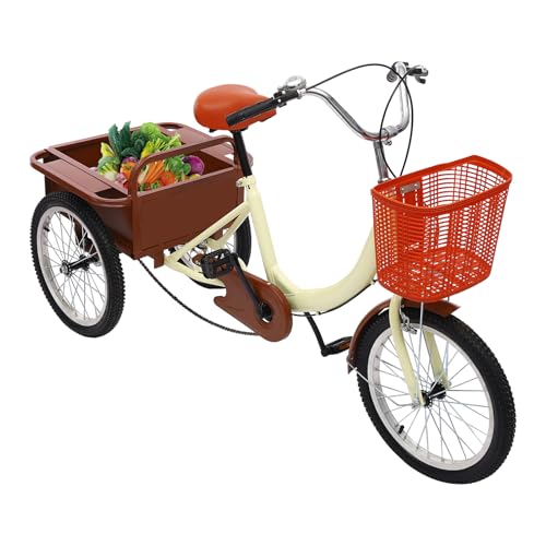 Fridgestea 18 Zoll Dreirad für Erwachsene, 3 Räder Fahrrad Erwachsenendreirad Seniorendreirad Tricycle mit Vorderer Korb, Hinterer Behälter, Kupplungsbremse für Damen Herren Senioren (Beige) von Fridgestea