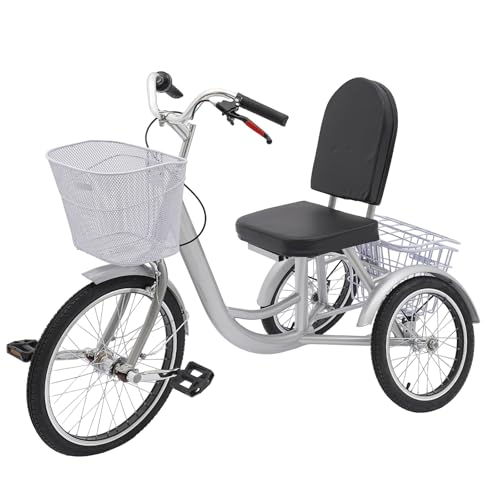 Fridgestea 20 Zoll Dreirad für Erwachsene, 3 Räder Fahrrad mit 20'' Vorderrad, 16'' Hinterrad, Seniorendreirad mit Zwei Körben, Klingel, Rückenlehne für Senioren Damen Herren (Silber) von Fridgestea