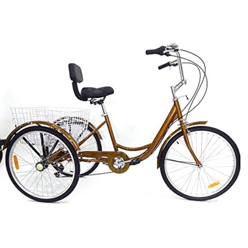 Fridgestea 24 Zoll Dreirad für Erwachsene, 6 Gang 3 Räder Fahrrad, Erwachsenendreirad Tricycle mit Einkaufskorb, Klingel, Schutzblech für Damen Herren Senioren (Gold) von Fridgestea