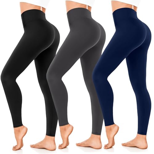 FuelMeFoot 3er Pack Leggings Damen High Waisted Leggins Blickdicht Bauchkontrolle Elastische Sportleggings Workout Yoga Gym.A3-Schwarz/Grau/Navy L/XL von FuelMeFoot