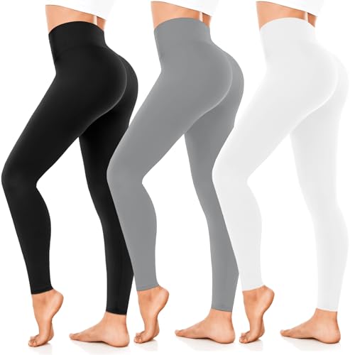 FuelMeFoot 3er Pack Leggings Damen High Waisted Leggins Blickdicht Bauchkontrolle Elastische Sportleggings Workout Yoga Gym.A5-Schwarz/Hellgrau/Weiß L/XL von FuelMeFoot