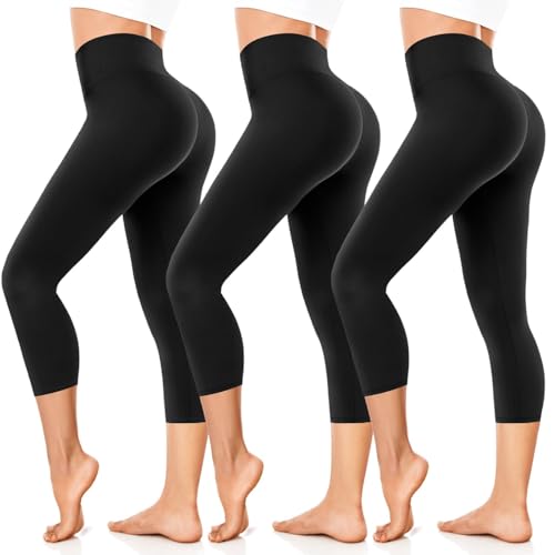 FuelMeFoot Damen 3/4 Leggings Capri 3er Pack High Waist Schwarz Leggins Sommer Blickdicht Yogahose für Sport Gym Lauf. B1-Schwarz/Schwarz/Schwarz XXL/3XL von FuelMeFoot