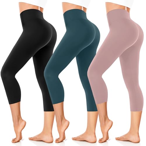 FuelMeFoot Damen 3/4 Leggings Capri 3er Pack High Waist Schwarz Leggins Sommer Blickdicht Yogahose für Sport Gym Lauf. B3-Schwarz/Dunkelgrün/Rosa S/M von FuelMeFoot