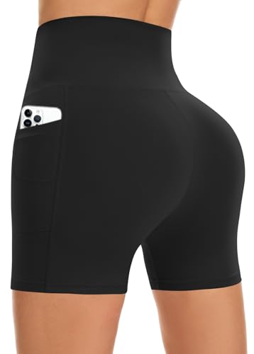 FuelMeFoot Damen Kurze Sporthose High Waist Yoga Sport Shorts Leggings für Sommer Leggins Radlerhose Fitness Hotpants Gym Bike A01-Schwarz mit Taschen L/XL von FuelMeFoot