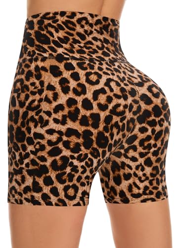 FuelMeFoot Damen Kurze Sporthose High Waist Yoga Sport Shorts Leggings für Sommer Leggins Radlerhose Fitness Hotpants Gym Bike A03-Leopard L/XL von FuelMeFoot