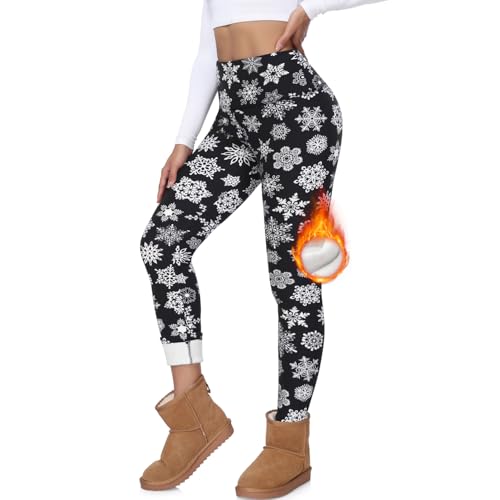 FuelMeFoot Thermo Leggings Damen Gefüttert High Waist Thermoleggins Mit Fleece Verdickte Plüsch Leggins Blickdicht Samt Thermounterwäsche Warm Strumpfhose Winter. 07-Schwarze Schneeflocke XL von FuelMeFoot