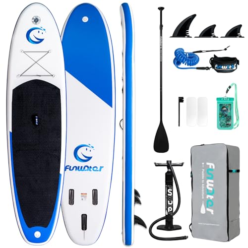 FunWater Aufblasbares Stand Up Paddle Board Surfbrett SUP Komplettes Paddleboard Zubehör Verstellbares Paddel, Pumpe, ISUP Reiserucksack, Leine, wasserdichte Tasche, Erwachsene Paddelboard von FunWater