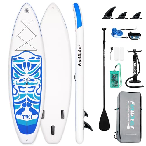 FunWater Aufblasbares Stand Up Paddle Board Surfbrett SUP Komplettes Paddleboard Zubehör Verstellbares Paddel, Pumpe, ISUP Reiserucksack, Leine, wasserdichte Tasche, Erwachsene Paddelboard von FunWater