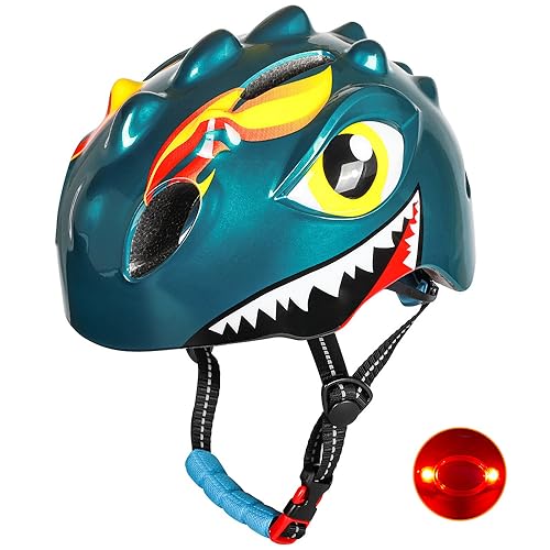 Kinder Fahrradhelm Dino Helme mit Licht - Leicht Jethelme für Kinder - Niedliche Cartoon 3D Kinderhelm zu Radsport Skateboading - Atmungsaktive Roller Helm für Jungen und Mädchen-Metallic-Blau von Funthy