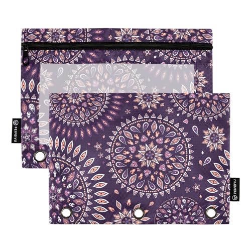 Fustylead Boho-Stil-Mandala-Beutel für 3-Ringbuch, große Kapazität, Binder-Bleistifttasche mit transparentem Fenster, für Büro-Kosmetikbedarf, 2 Stück, violett von Fustylead