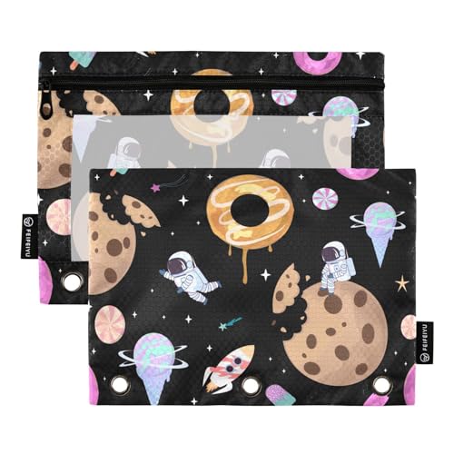 Fustylead Cookies Donuts and Astronauts Federmäppchen mit großem Fassungsvermögen, passend für 3-Ringbinder, wasserdichtes Federmäppchen mit transparentem Fenster für Kosmetik, Bürobedarf, 2 Stück, von Fustylead