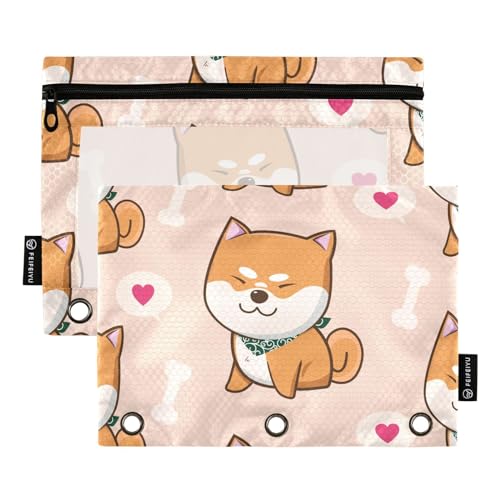 Fustylead Cute Dogs of Shiba Inu Federmäppchen mit Knochenherzen, passend für Standard-3-Ring-Ordner, Reißverschluss-Bleistifttasche mit transparentem Fenster für Bürokosmetik, 2 Stück, rose von Fustylead