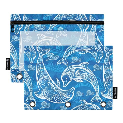 Fustylead Delfin-Federmäppchen mit transparentem Fenster für 3-Ringbinder, Reißverschluss-Federmäppchen, Kosmetiktaschen für Büro-Kosmetikbedarf, 2 Stück, blau von Fustylead