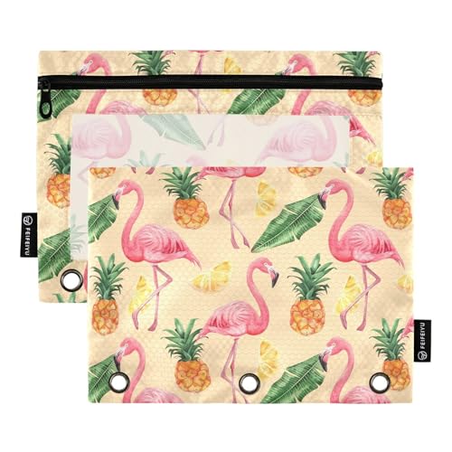 Fustylead Federmäppchen mit Flamingo- und Ananas-Zitronenblättern, passend für Standard-3-Ringbinder, Reißverschluss-Bleistifttasche mit transparentem Fenster für Bürokosmetik, 2 Stück, beige von Fustylead