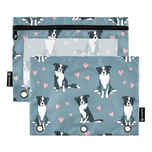 Fustylead Federmäppchen mit niedlichem Border Collie und rosa Herzen, für 3 Ringe, Bleistiftbeutel mit Reißverschluss, transparentes Fenster für Büro-Kosmetikbedarf, 2 Stück von Fustylead