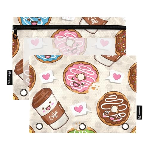 Fustylead Federmäppchen mit niedlichem Cartoon-Donut- und Kaffeetassenmotiv, mit transparentem Fenster für 3-Ringbinder, Reißverschluss-Federmäppchen, Kosmetiktaschen für Büro-Kosmetikbedarf, 2 Stück, von Fustylead