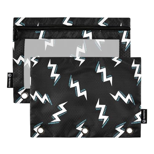 Fustylead Lightning-Federmäppchen für 3-Ringbinder, Reißverschluss-Bleistifttasche mit transparentem Fenster, Organizer für Kosmetik, Büro, 2 Stück, Schwarz von Fustylead