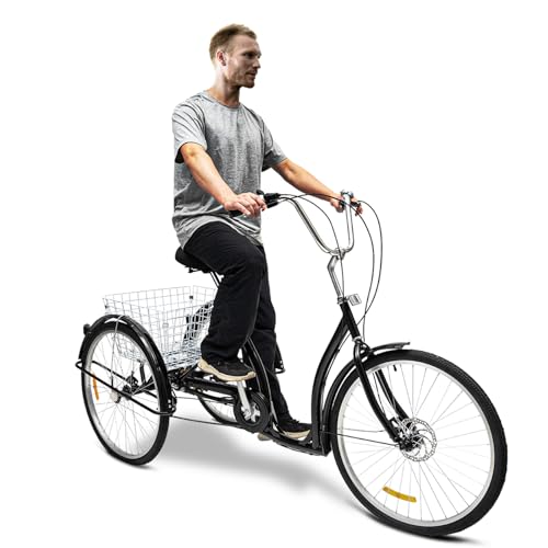 Futchoy 26 Zoll Dreirad für Erwachsene 26" Erwachsene Dreirad mit Einkaufskorb City-Dreirad Freizeitfahrrad 6 Gang Einstellbar Fahrrad für Reisen, Radfahren und Einkaufen (Schwarz) von Futchoy